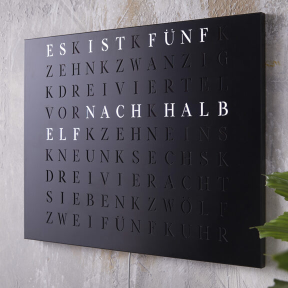 Wordclock Jupiter Stainless Steel in matt black closeup