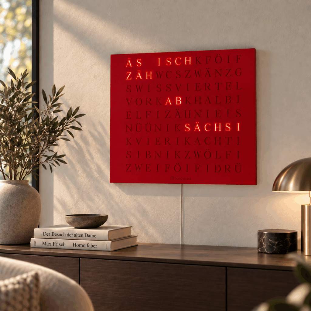 Wordclock Jupiter Edelstahl Rot - Swiss Edition in interior