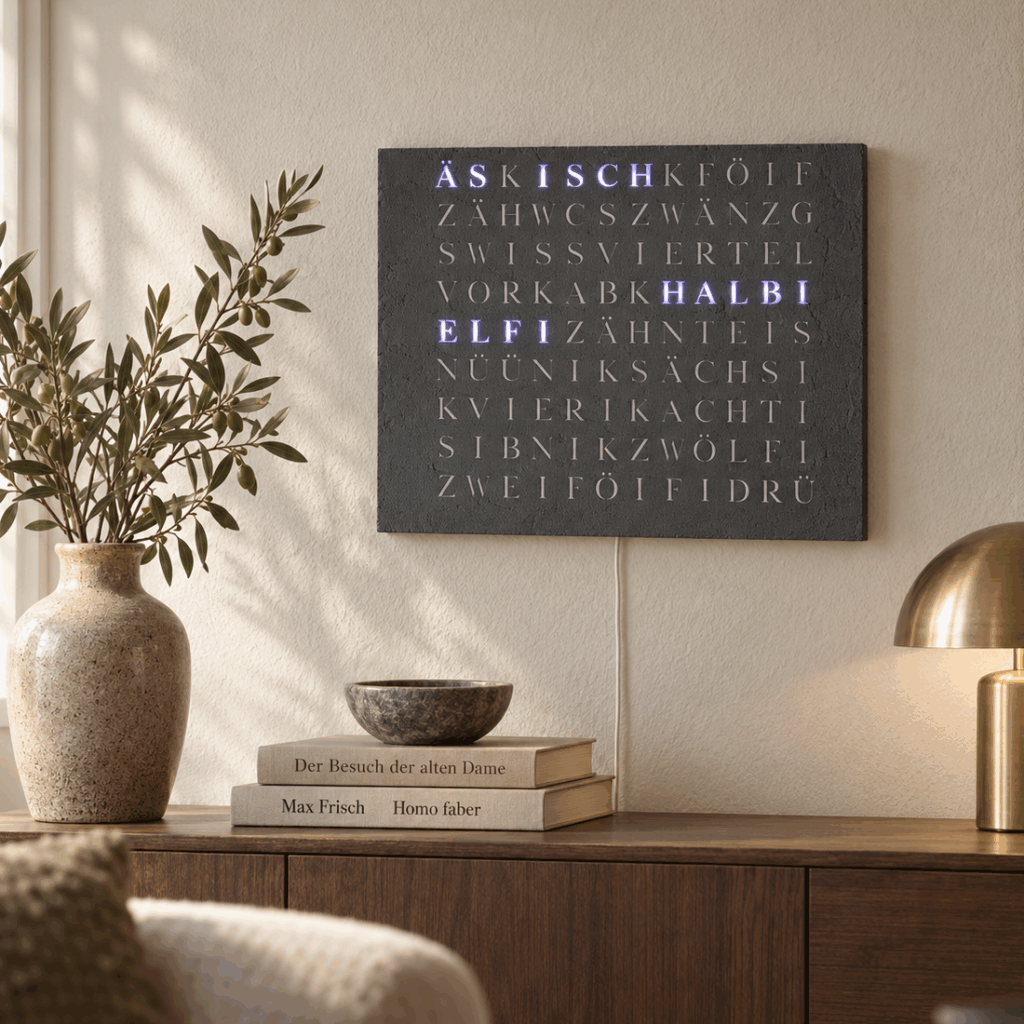 Wordclock Jupiter Beton Optik- Swiss Edition in interior