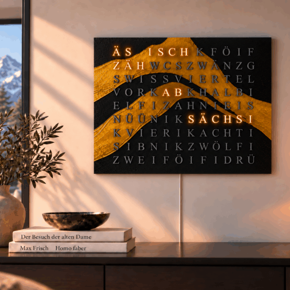 Wordclock Jupiter Black & Gold – Swiss Edition closeup