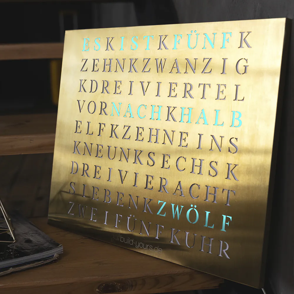 Wordclock Jupiter Edelstahl gelasert in Gold
