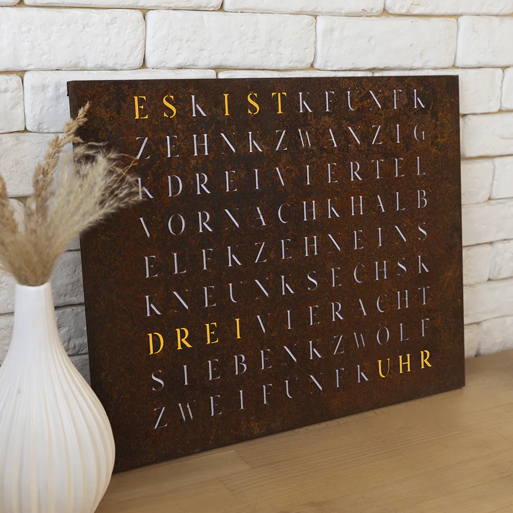 Wordclock Jupiter Rost Optik - Eisen gerostet und gelasert