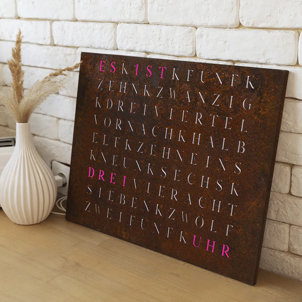 Wordclock Jupiter Rost Optik - Eisen gerostet und gelasert