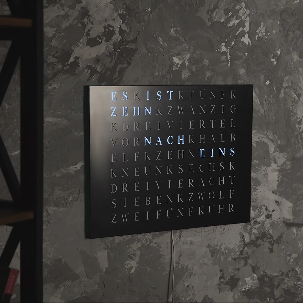 Wordclock Jupiter Edelstahl gelasert in matt Schwarz