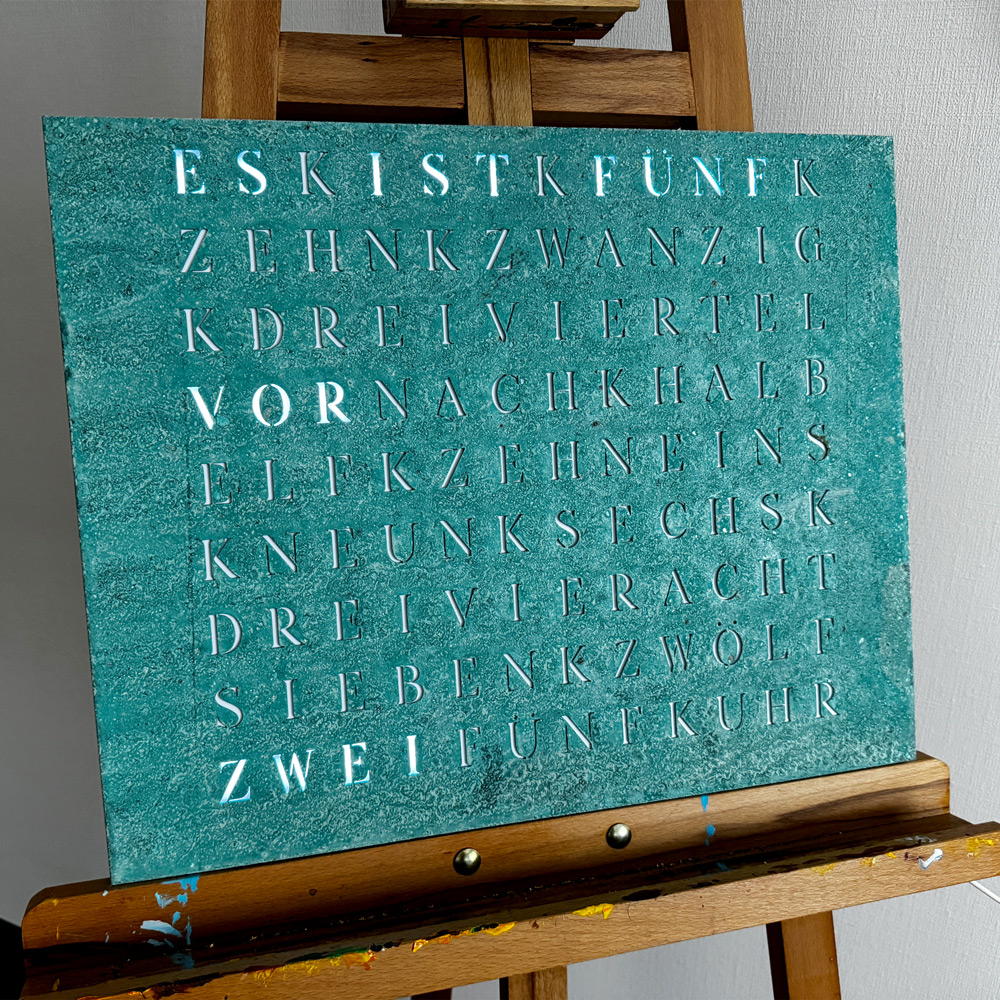 Wordclock Jupiter Verdigris closeup