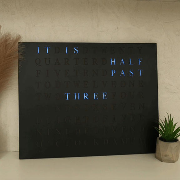 The look of Wordclock Jupiter Steel in matt black - English version