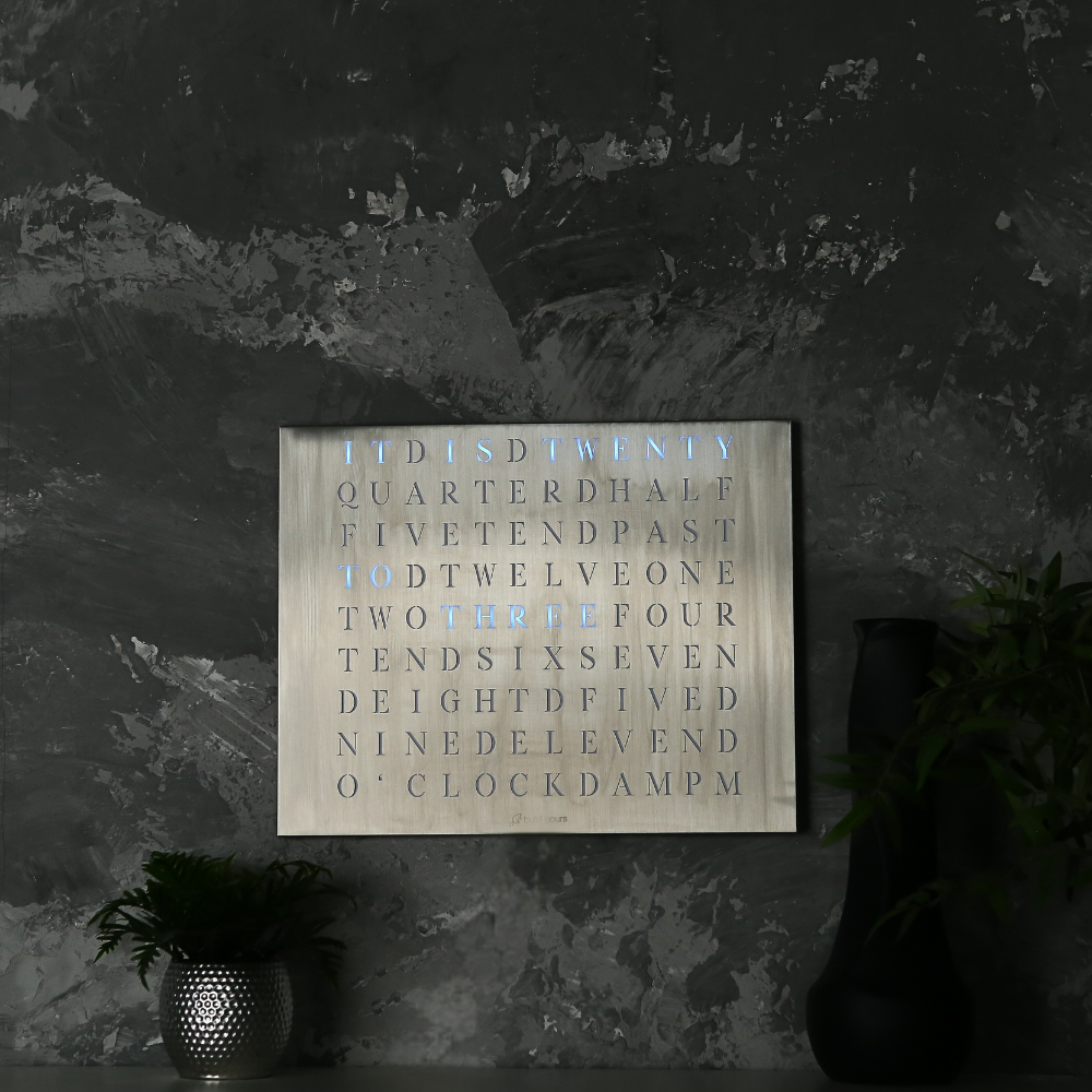 The look of Wordclock Jupiter Stainless Steel - English version