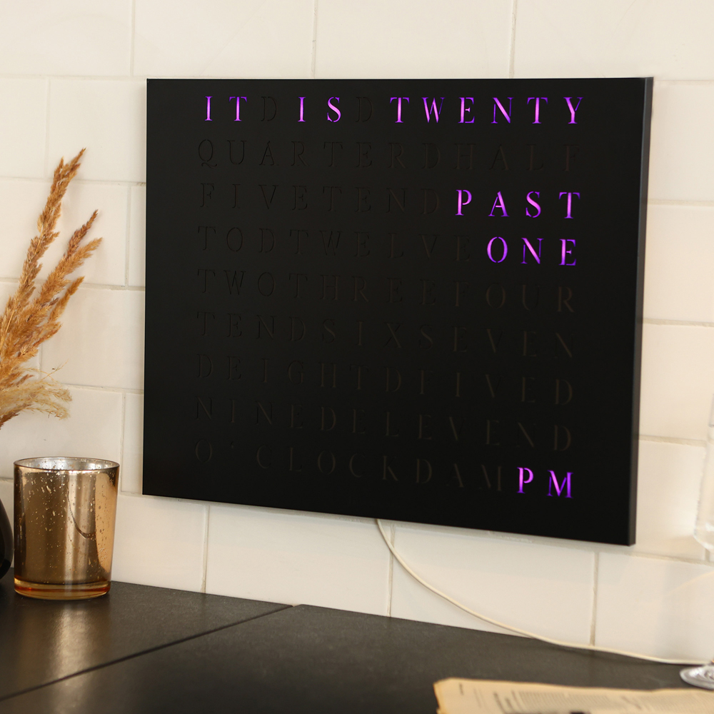 Wordclock Jupiter Stainless Steel in matt black - English version closeup