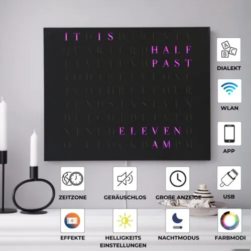 Wordclock Jupiter Edelstahl gelasert in matt Schwarz - Englische Version