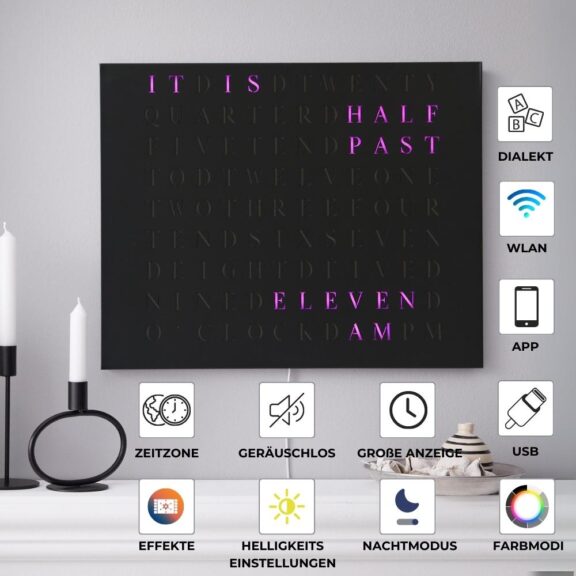 Wordclock Jupiter Steel in matt black - English version