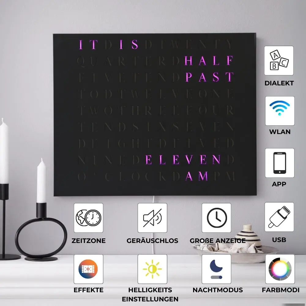 Wordclock Jupiter Edelstahl gelasert in matt Schwarz - Englische Version