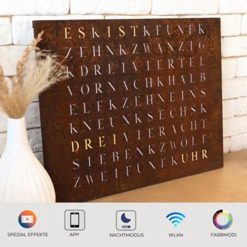 Wordclock Jupiter Rost Optik - Eisen gerostet und gelasert