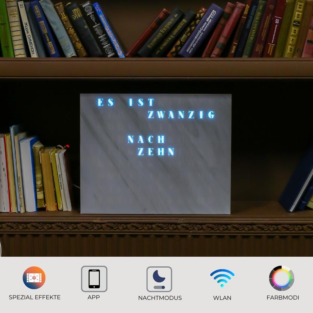 Wordclock Jupiter Weißer Marmor Optik in interior