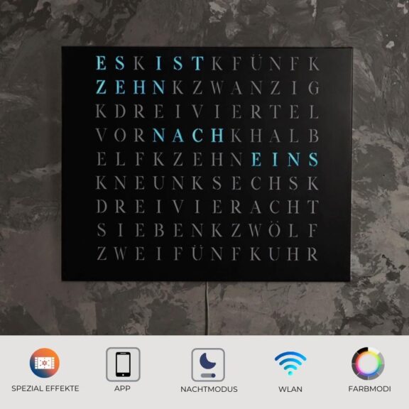 Wordclock Jupiter Stahl gelasert in matt Schwarz