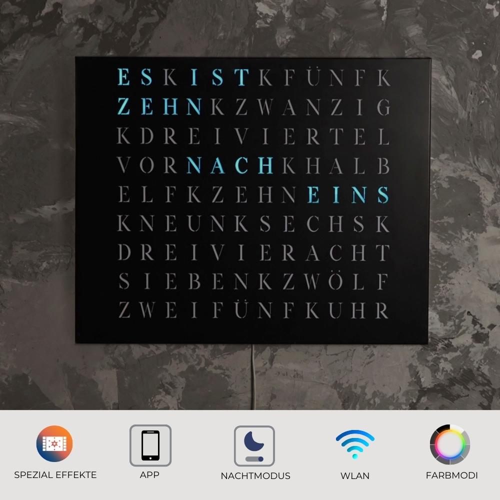 Wordclock Jupiter Stahl gelasert in matt Schwarz