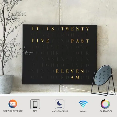 The new Wordclock Jupiter Edelstahl gelasert in matt Schwarz - Englische Version