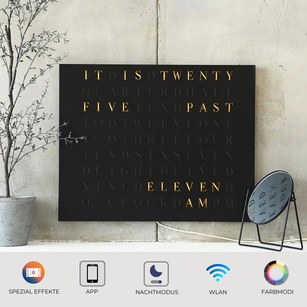 The new Wordclock Jupiter Edelstahl gelasert in matt Schwarz - Englische Version