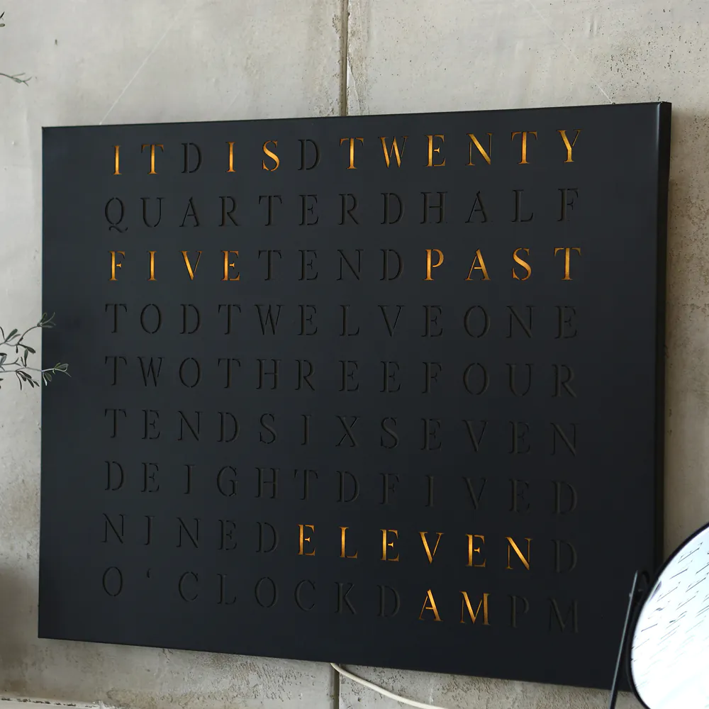 Wordclock Jupiter Edelstahl gelasert in matt Schwarz - Englische Version