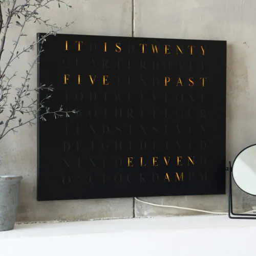 Wordclock Jupiter Edelstahl gelasert in matt Schwarz - Englische Version