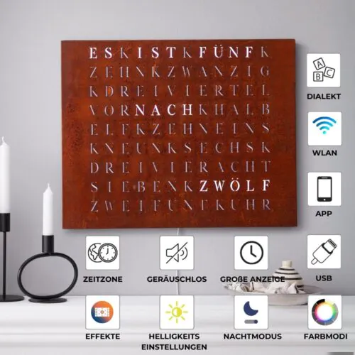 Wordclock Jupiter Rost Optik - Eisen gerostet und gelasert