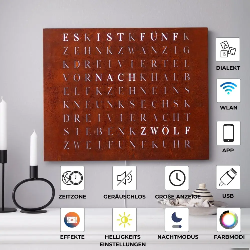 Wordclock Jupiter Rost Optik - Eisen gerostet und gelasert