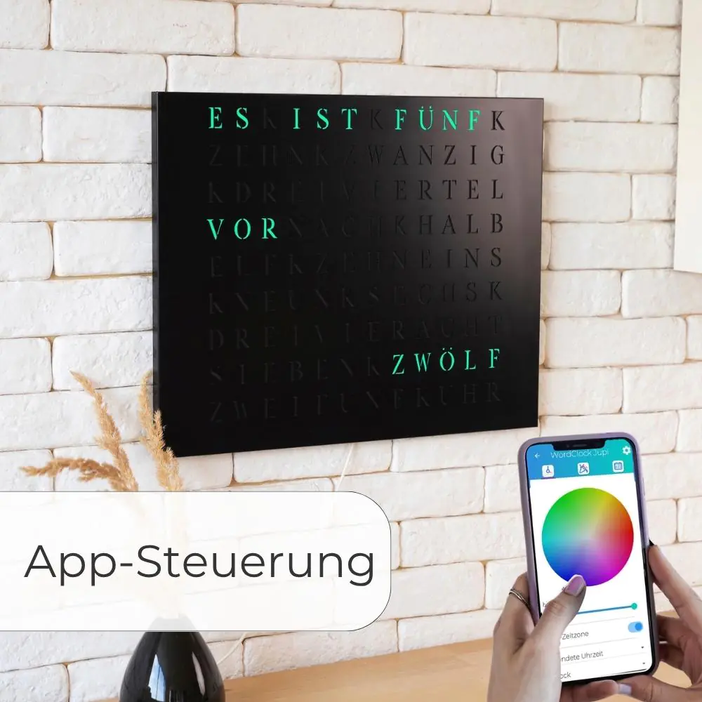 Wordclock Jupiter Edelstahl gelasert in matt Schwarz