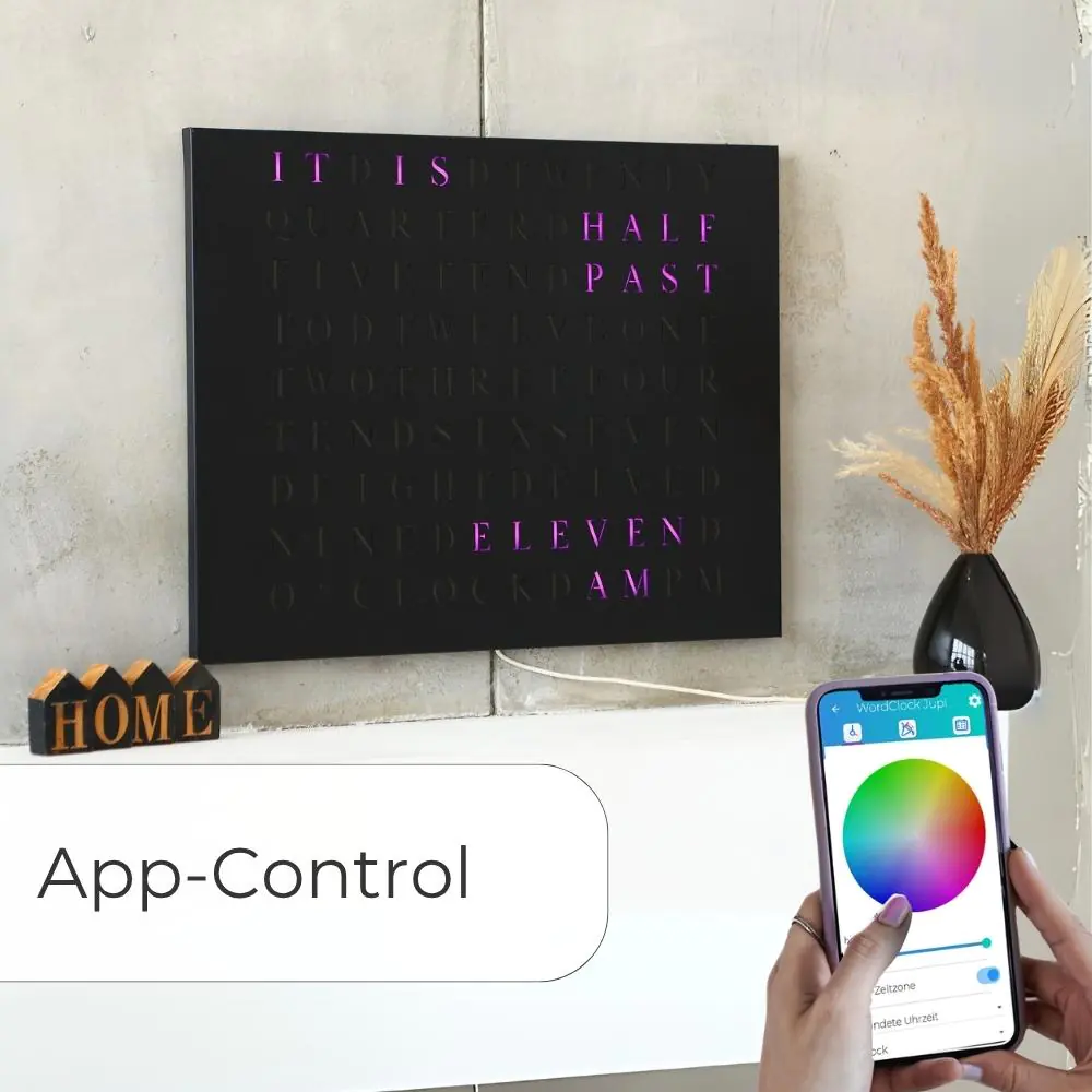 Wordclock Jupiter Edelstahl gelasert in matt Schwarz - Englische Version
