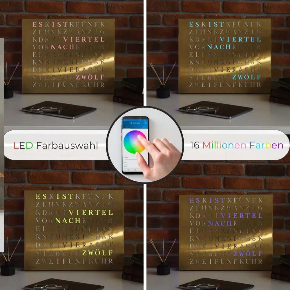 Wordclock Jupiter Edelstahl gelasert in Gold