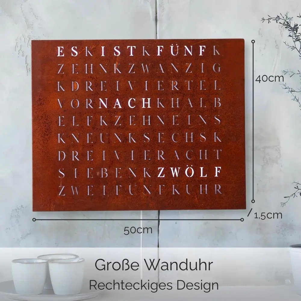 Wordclock Jupiter Rost Optik - Eisen gerostet und gelasert