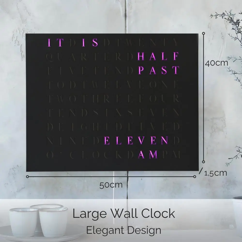 Wordclock Jupiter Edelstahl gelasert in matt Schwarz - Englische Version