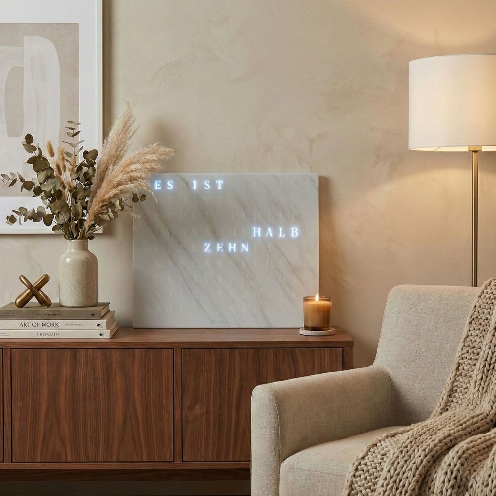 Wordclock Jupiter Weißer Marmor Optik