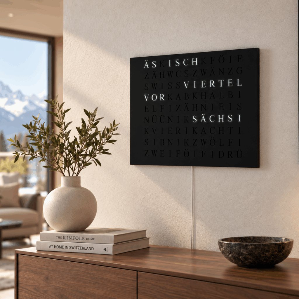 Wordclock Jupiter Stahl matt Schwarz - Swiss Edition in interior