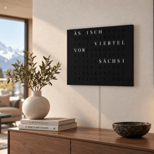 Wordclock Jupiter Stahl matt Schwarz - Swiss Edition in interior