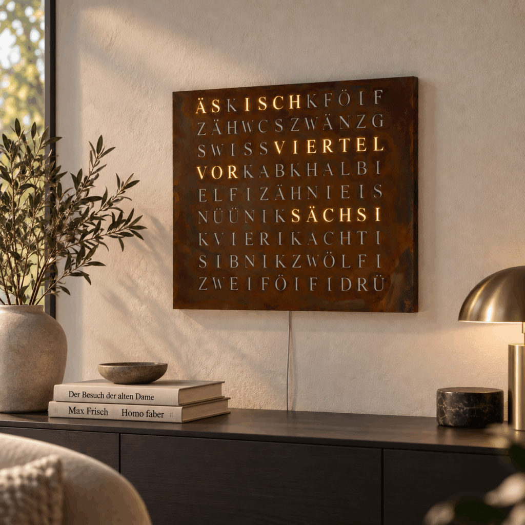 Wordclock Jupiter Eisen Rost Optik - Swiss Edition in interior