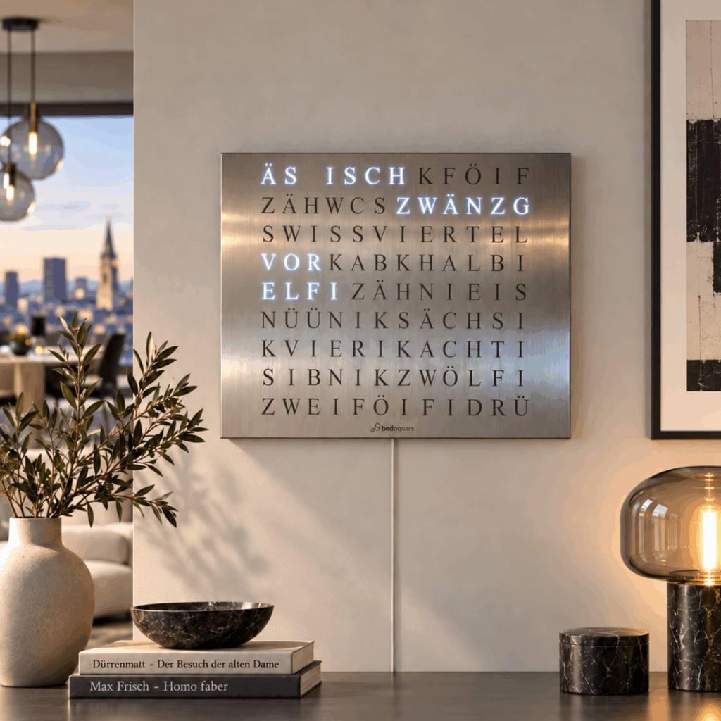 The look of Wordclock Jupiter Stainless Steel - Swiss Edition