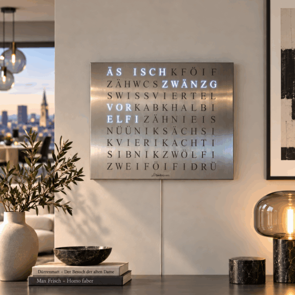 The look of Wordclock Jupiter Stainless Steel - Swiss Edition