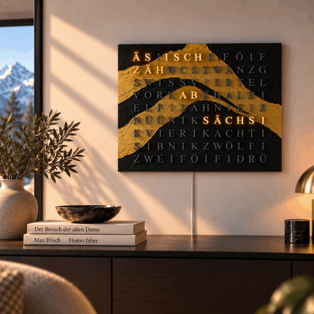 Wordclock Jupiter Black & Gold – Swiss Edition in interior