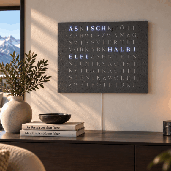 Wordclock Jupiter Beton Optik- Swiss Edition in interior