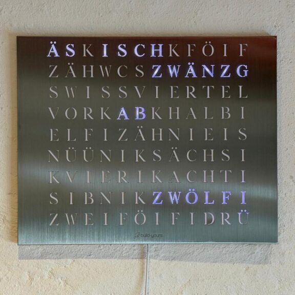 Wordclock Jupiter Stainless Steel - Swiss Edition closeup