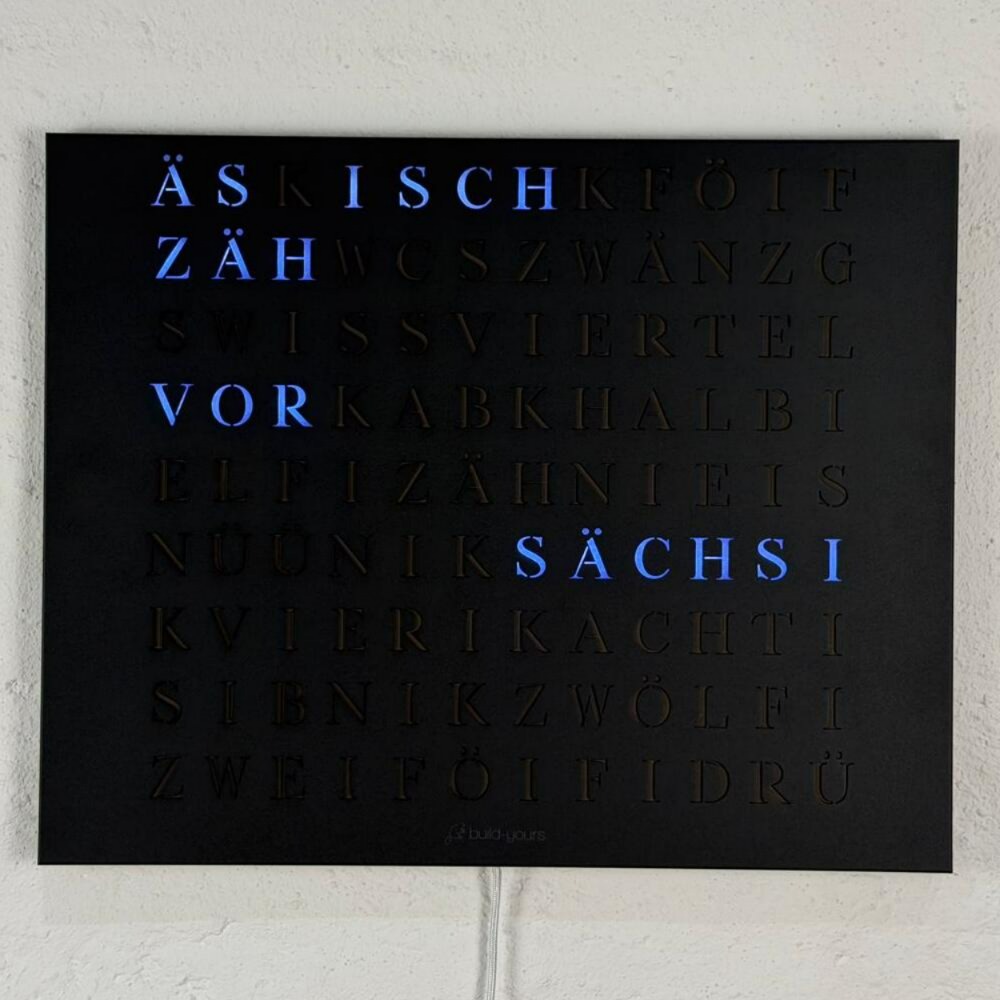 Wordclock Jupiter Stahl matt Schwarz - Swiss Edition closeup