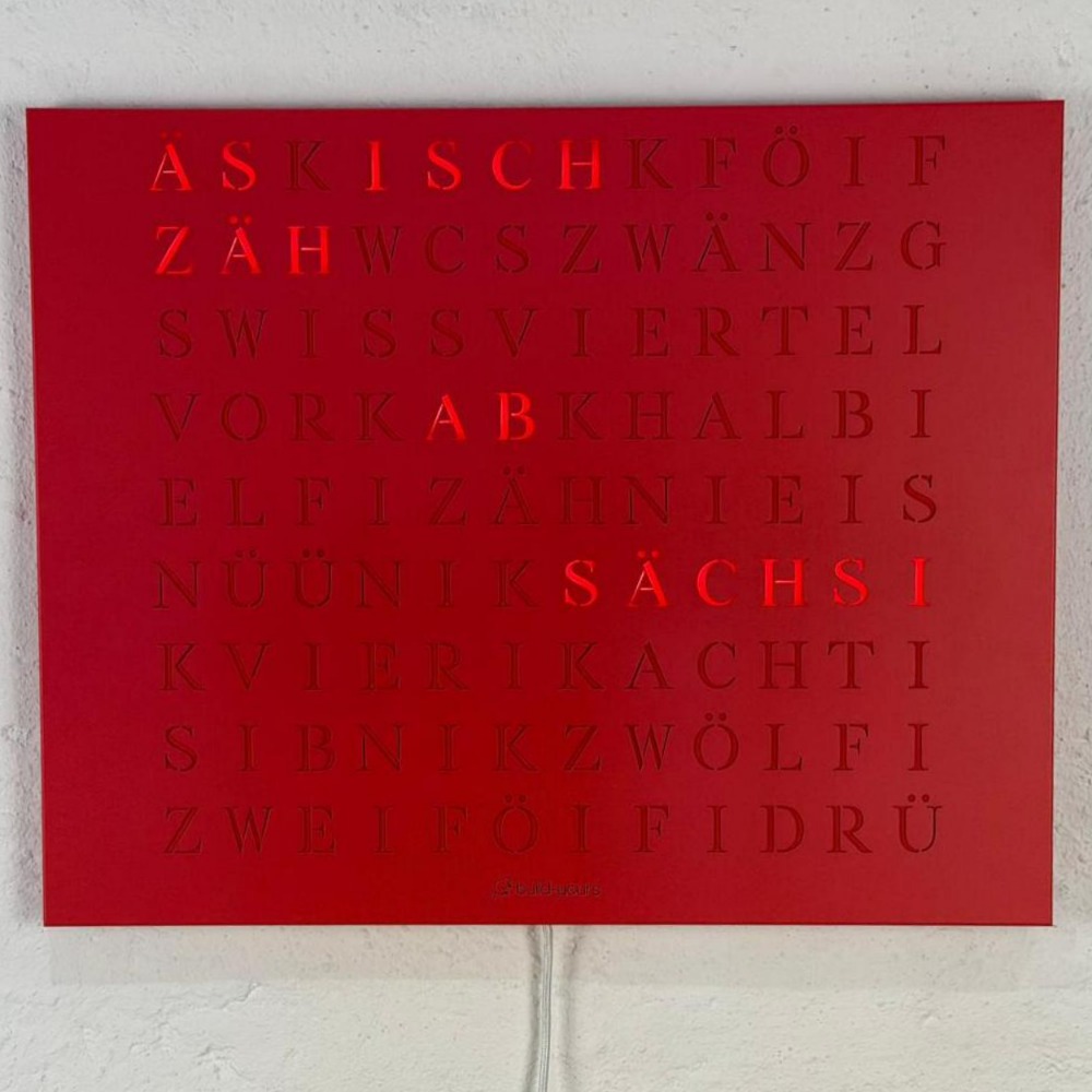 Wordclock Jupiter Edelstahl Rot - Swiss Edition closeup