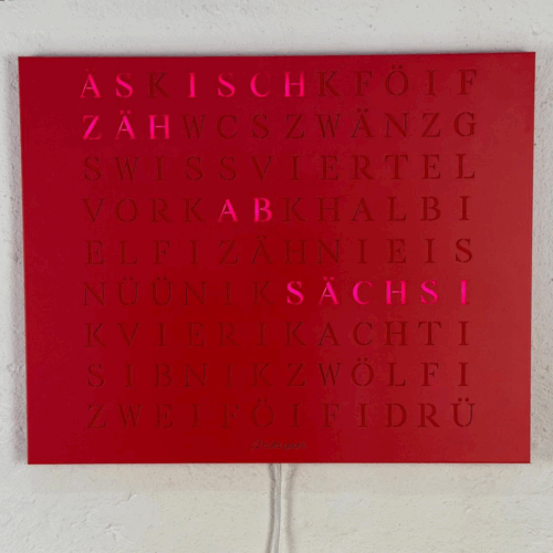 Wordclock Jupiter Edelstahl Rot - Swiss Edition closeup