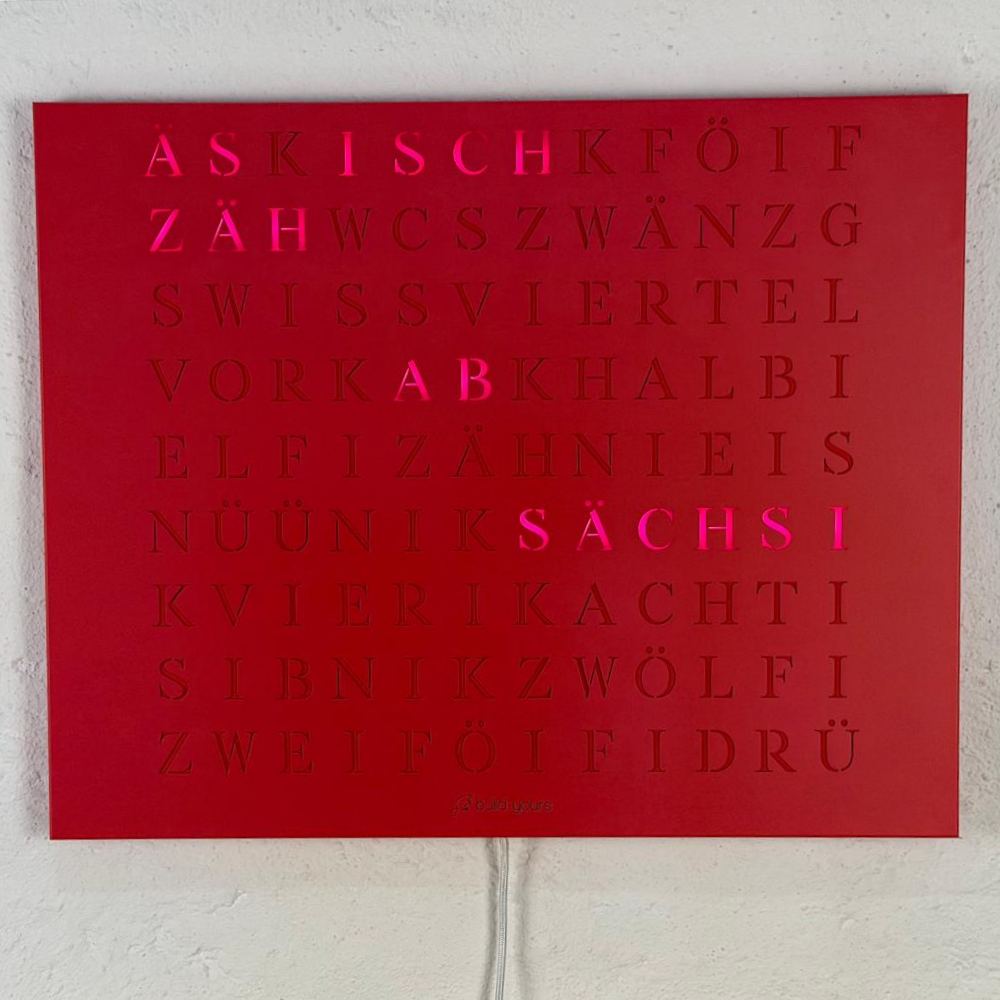 Wordclock Jupiter Edelstahl Rot - Swiss Edition closeup